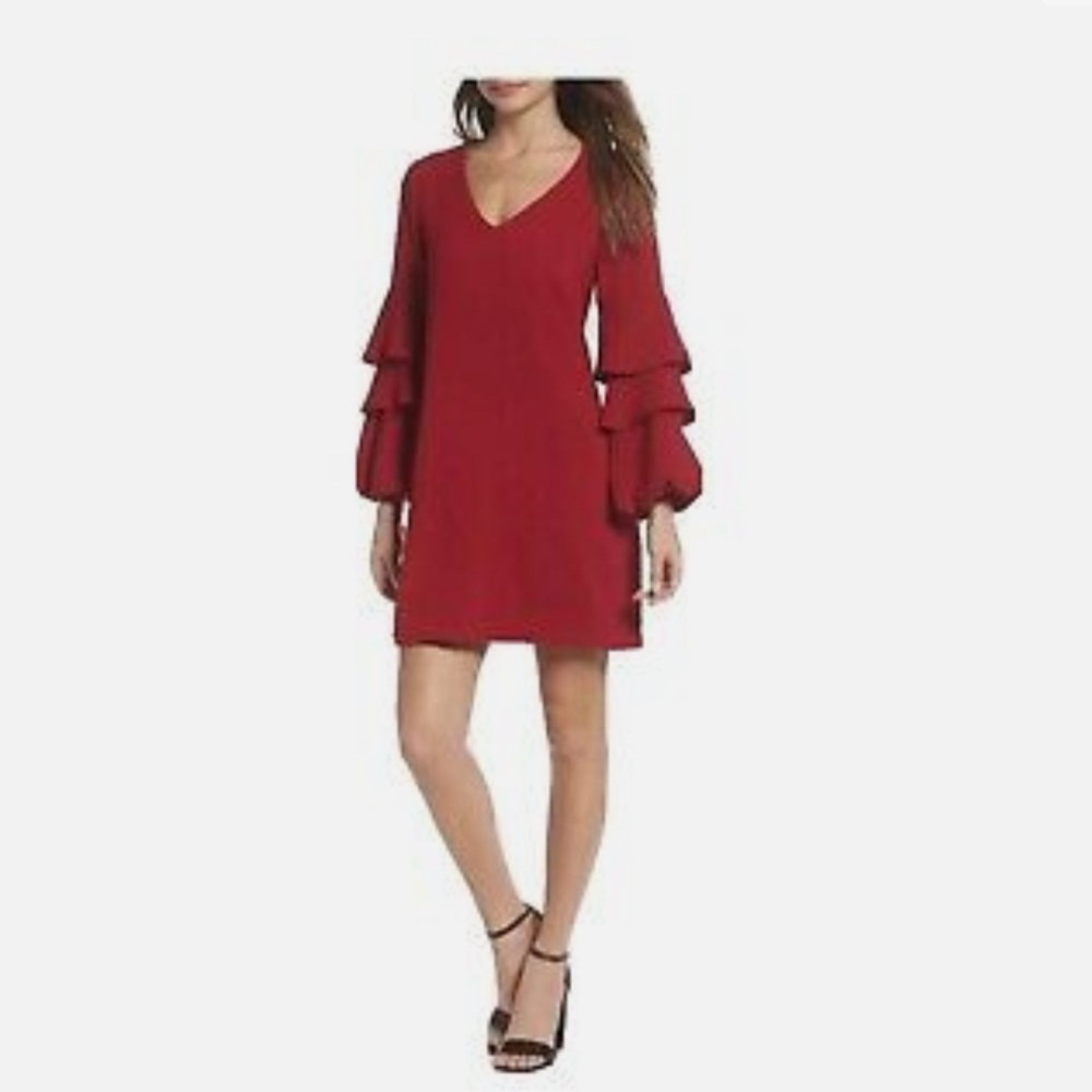 Charles Henry Tiered Ruffle Sleeve Dress in Garnet Size Medium